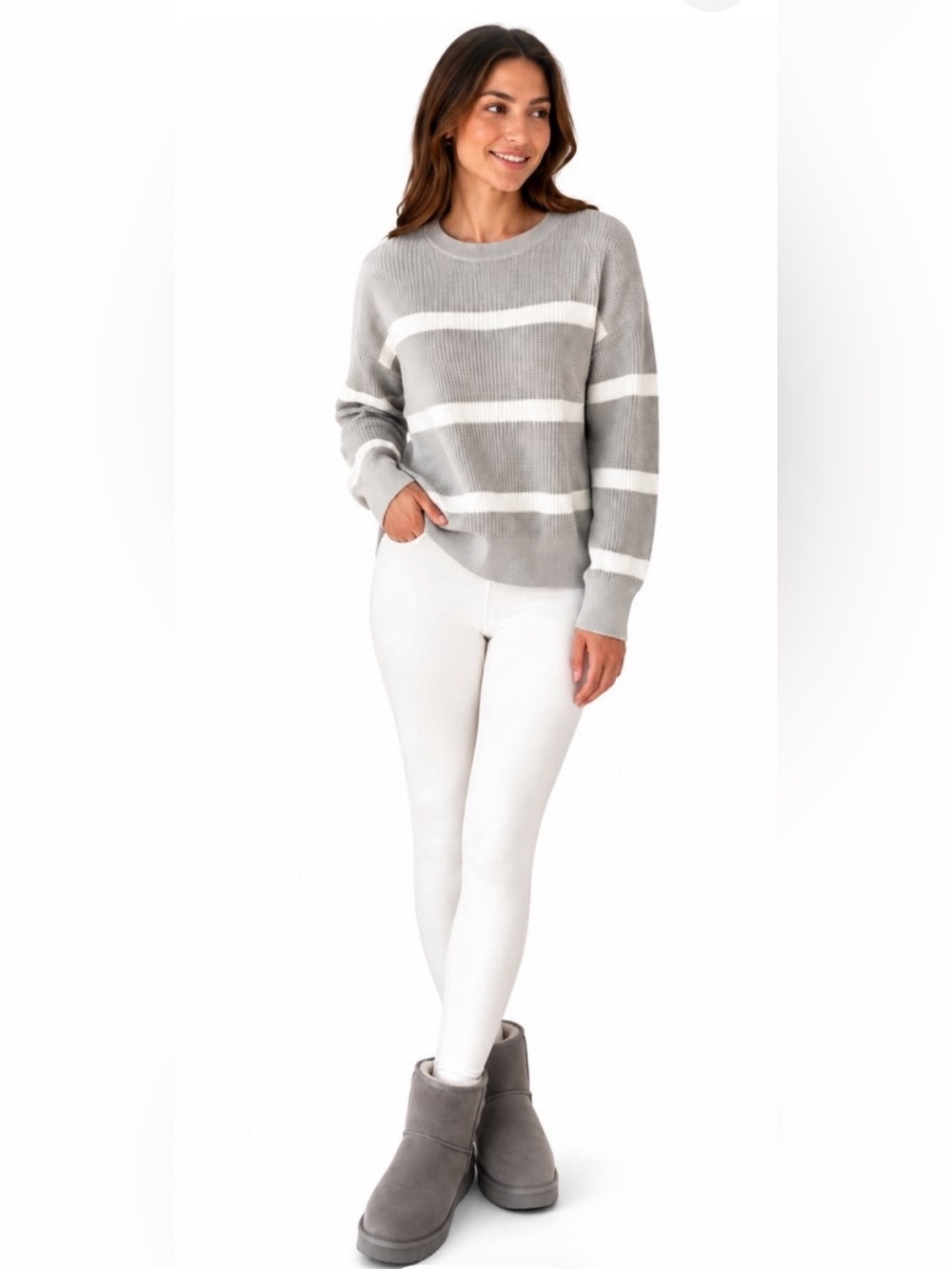 L.L.Bean Cotton Gray & White Striped Waffle Knit Sweater Size L Petite